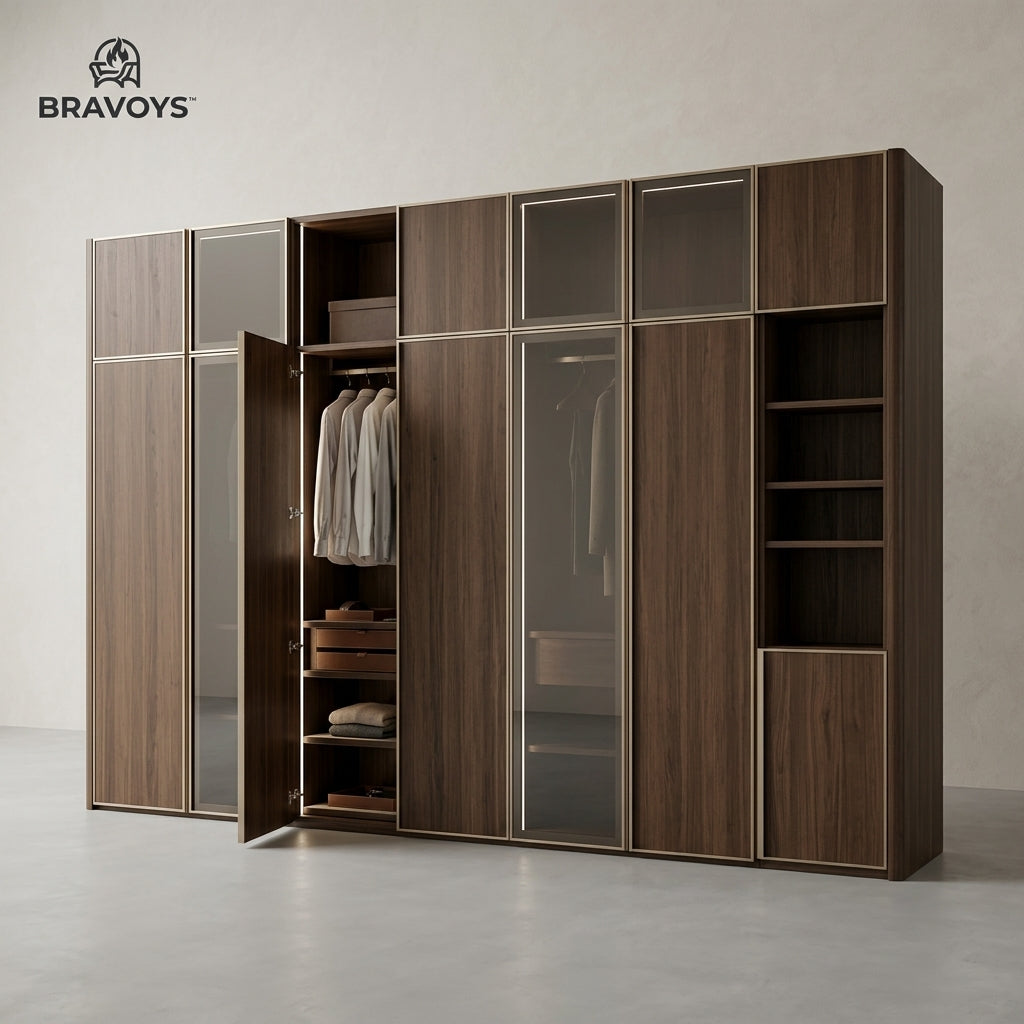 BRAVOYS™ Multi-Door Wardrobe with Display Panels & Open Shelving