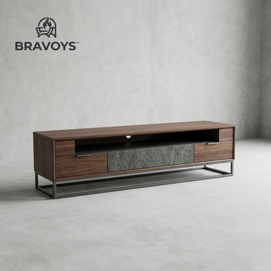 BRAVOYS™ Low-Profile Wood & Stone-Look TV Cabinet for Media Spaces