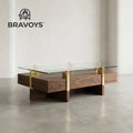 BRAVOYS™ Glass-Top Wood Coffee Table with Metallic Accents for Living Rooms