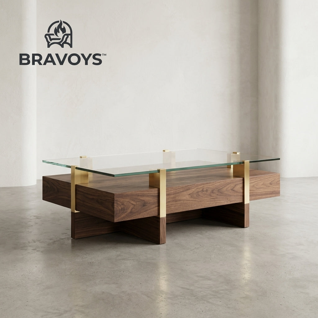 BRAVOYS™ Glass-Top Wood Coffee Table with Metallic Accents for Living Rooms